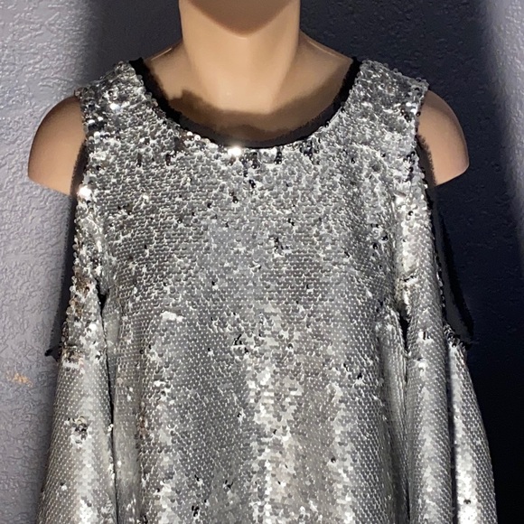 silver sequins, cold shoulder dress - Picture 3 of 15